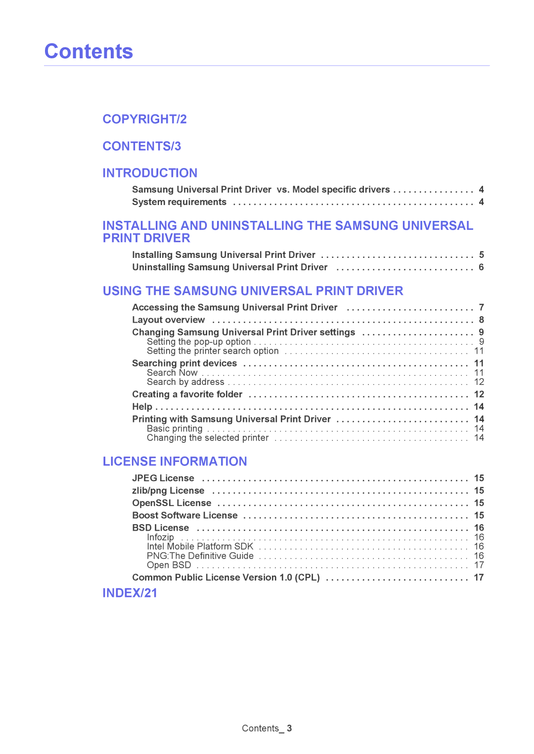 Samsung Printer manual Contents 