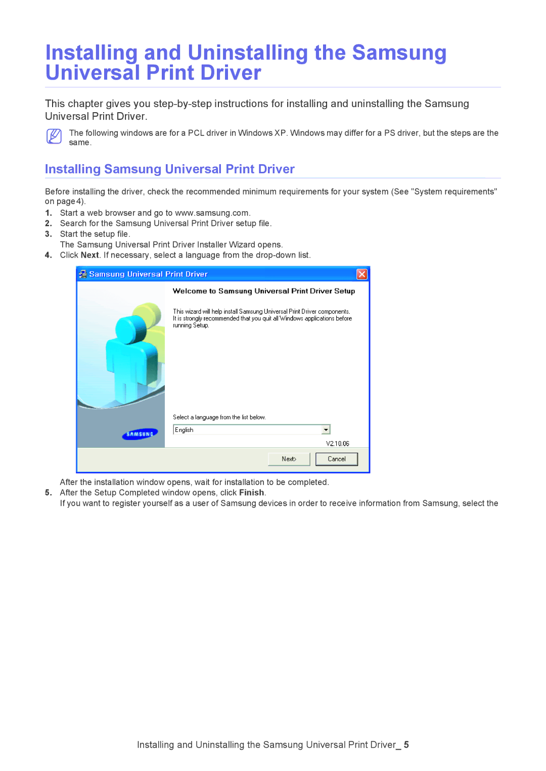 Samsung Printer manual Installing Samsung Universal Print Driver 