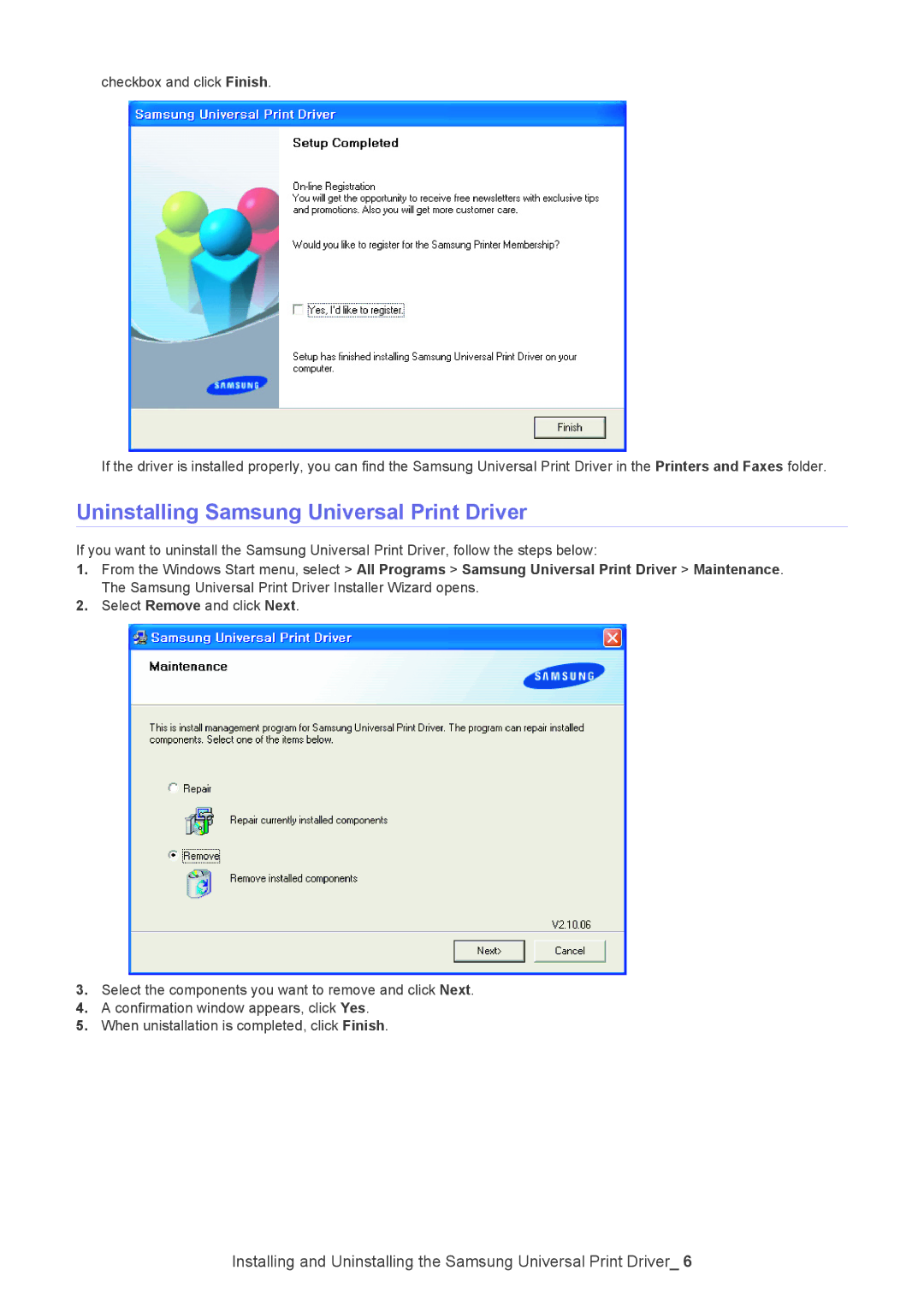 Samsung Printer manual Uninstalling Samsung Universal Print Driver 