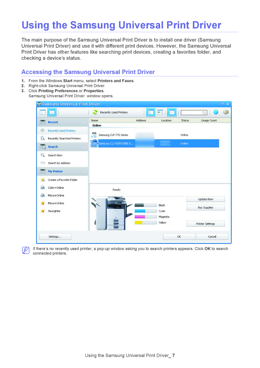 Samsung Printer manual Using the Samsung Universal Print Driver, Accessing the Samsung Universal Print Driver 