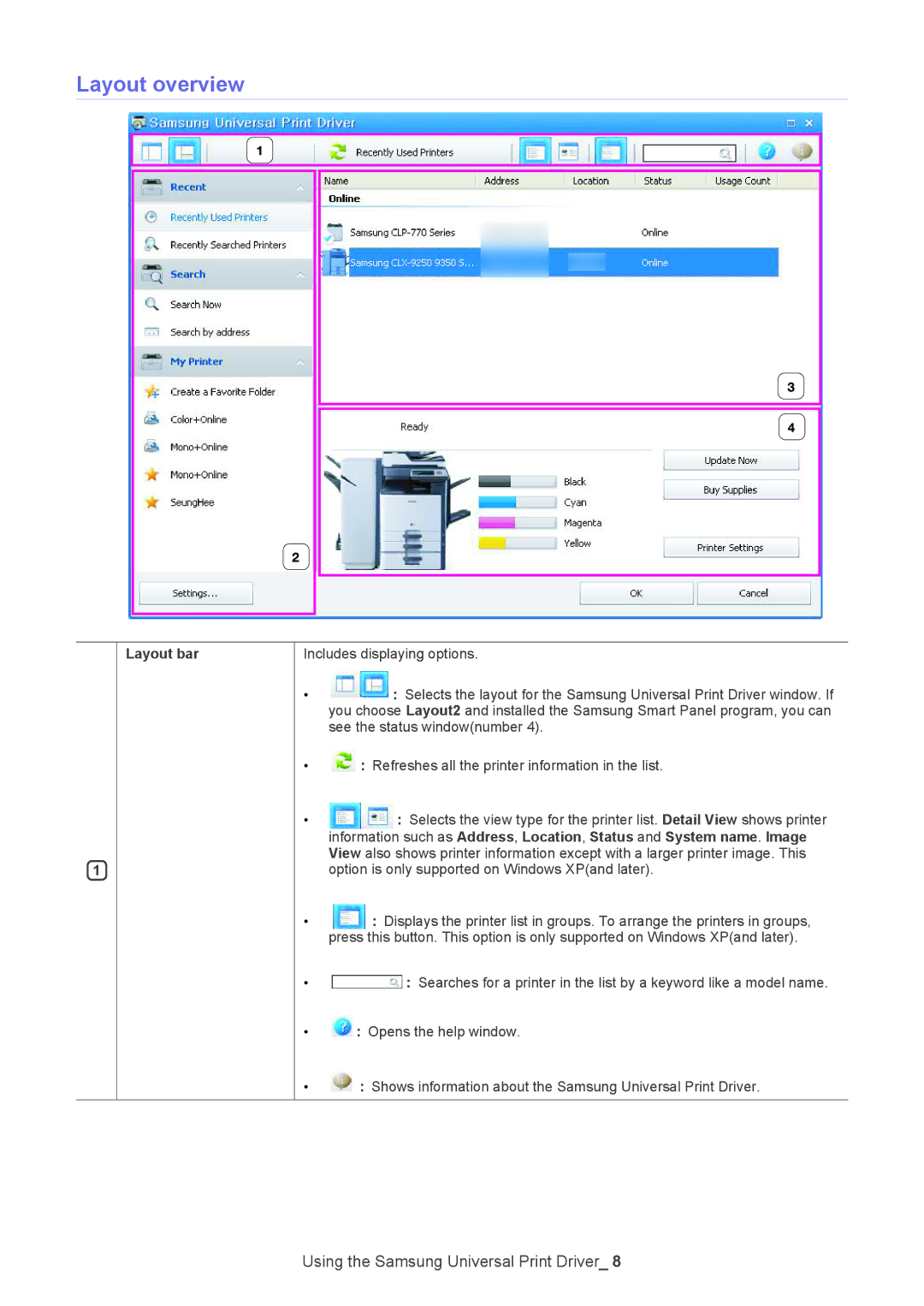 Samsung Printer manual Layout overview, Layout bar 