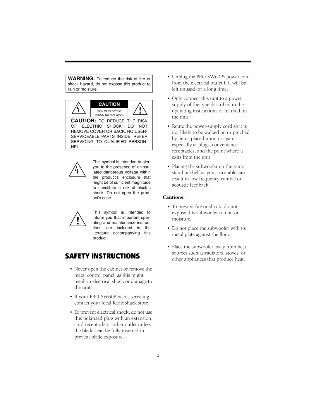 Samsung PRO-SW60P manual Safety Instructions 