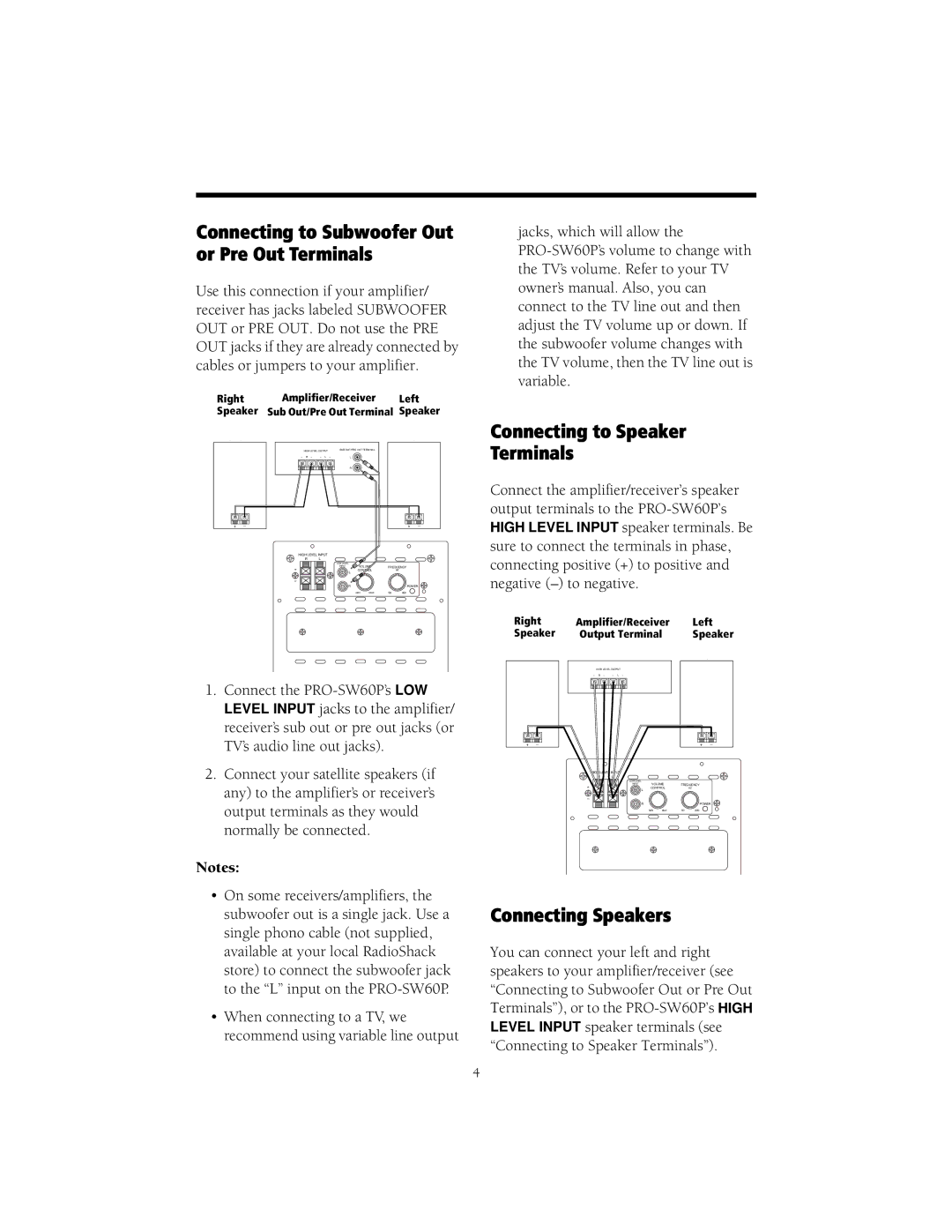 Samsung PRO-SW60P manual Connecting to Subwoofer Out or Pre Out Terminals 