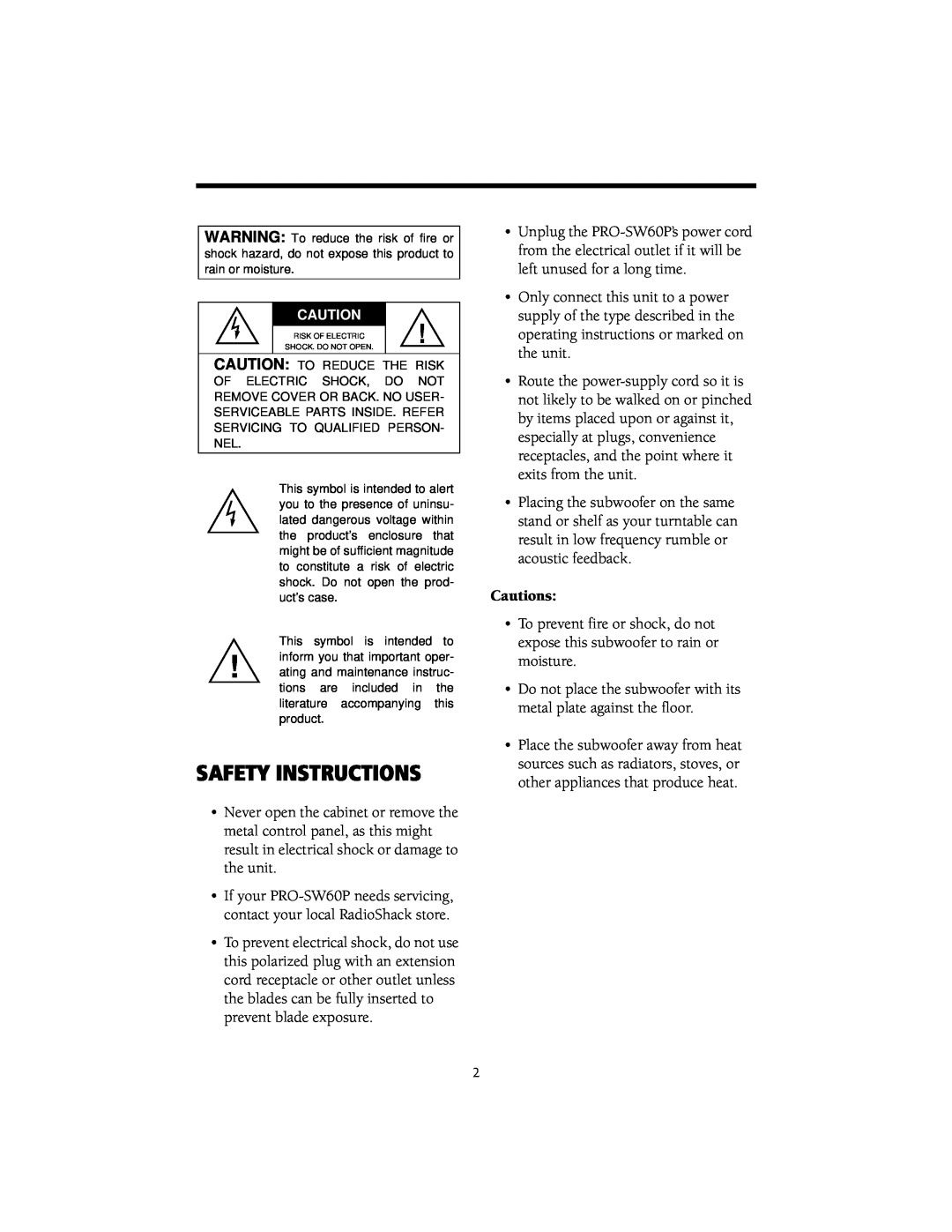 Samsung PRO-SW60P manual Safety Instructions, Cautions 
