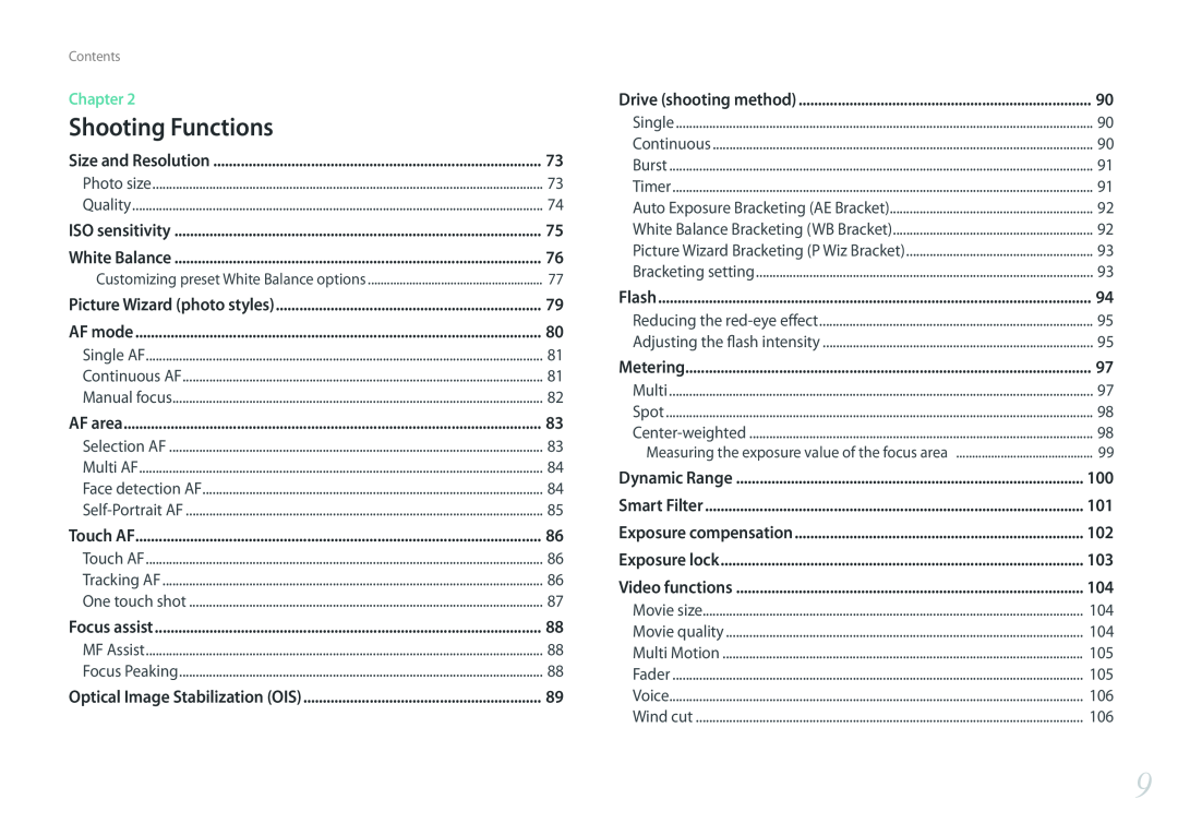 Samsung PRO4768 Shooting Functions, Chapter, Contents, Size and Resolution, ISO sensitivity, White Balance, AF mode, Flash 