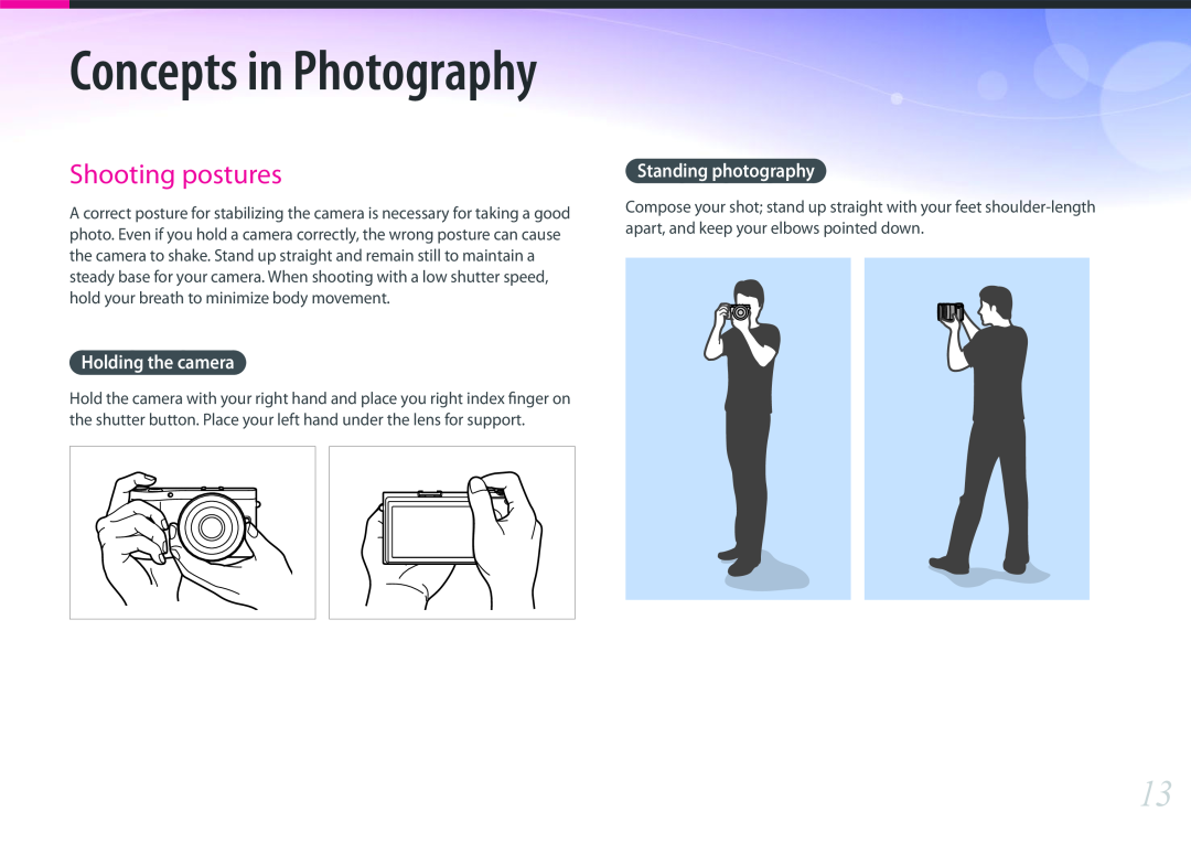 Samsung PRO4768, PRO4782, PRO4775 Shooting postures, Holding the camera, Standing photography, Concepts in Photography 