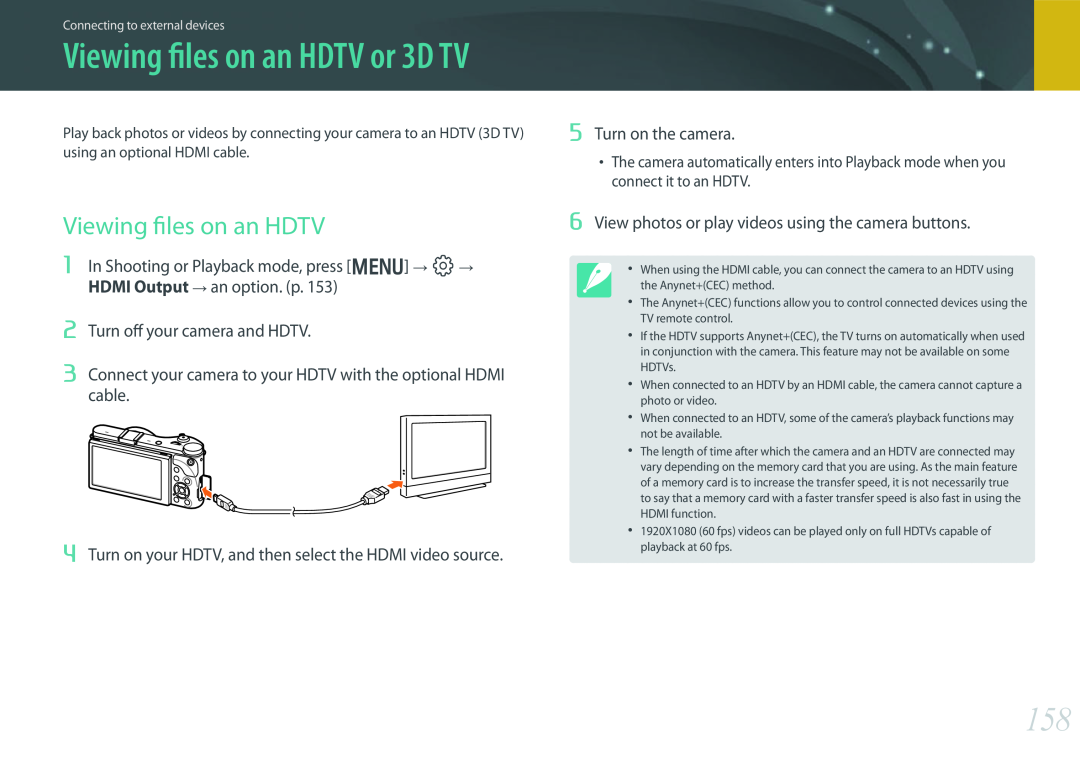 Samsung EV-NX300ZBFUDK, PRO4782 Viewing files on an HDTV or 3D TV, Turn off your camera and HDTV, Turn on the camera 