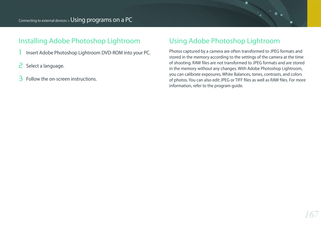 Samsung PRO4782, PRO4775, PRO4768, EV-NX300ZBFUDK Installing Adobe Photoshop Lightroom, Using Adobe Photoshop Lightroom 