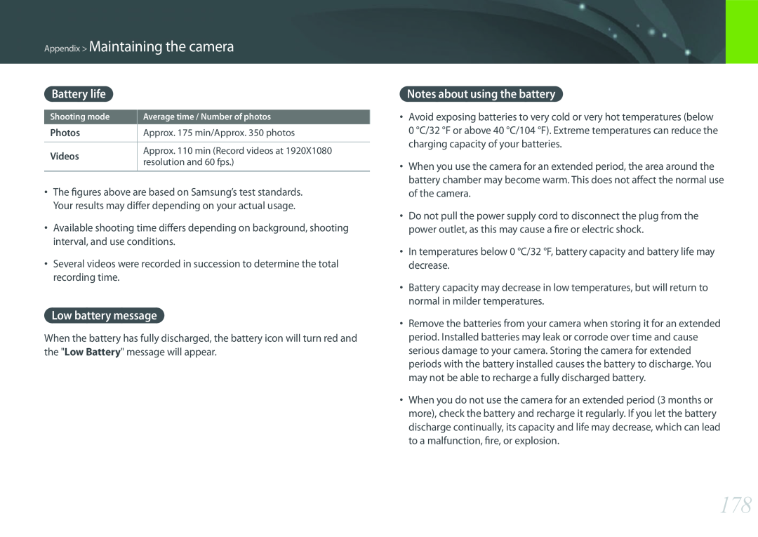 Samsung EV-NX300ZBFUDK Battery life, Low battery message, Notes about using the battery, Appendix Maintaining the camera 