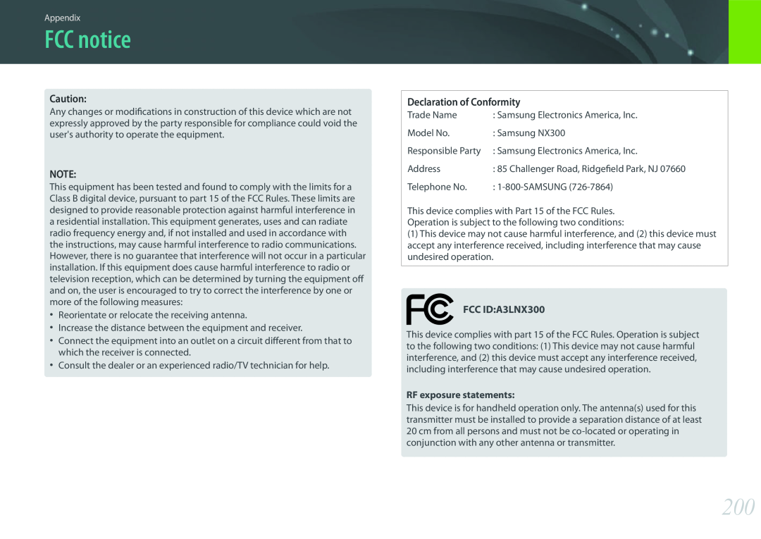 Samsung PRO4775, PRO4782, PRO4768, EV-NX300ZBFUDK user manual FCC notice, Declaration of Conformity 