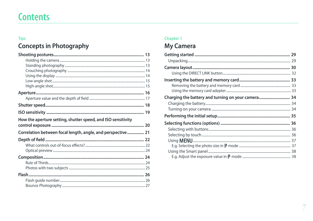 Samsung PRO4782 Contents, Concepts in Photography, My Camera, Tips, Chapter, Shooting postures, Aperture, Shutter speed 