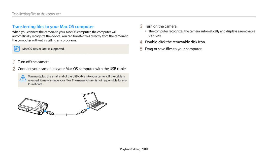 Samsung EC-DV150FBPLUS Transferring files to your Mac OS computer, Turn off the camera, Transferring files to the computer 