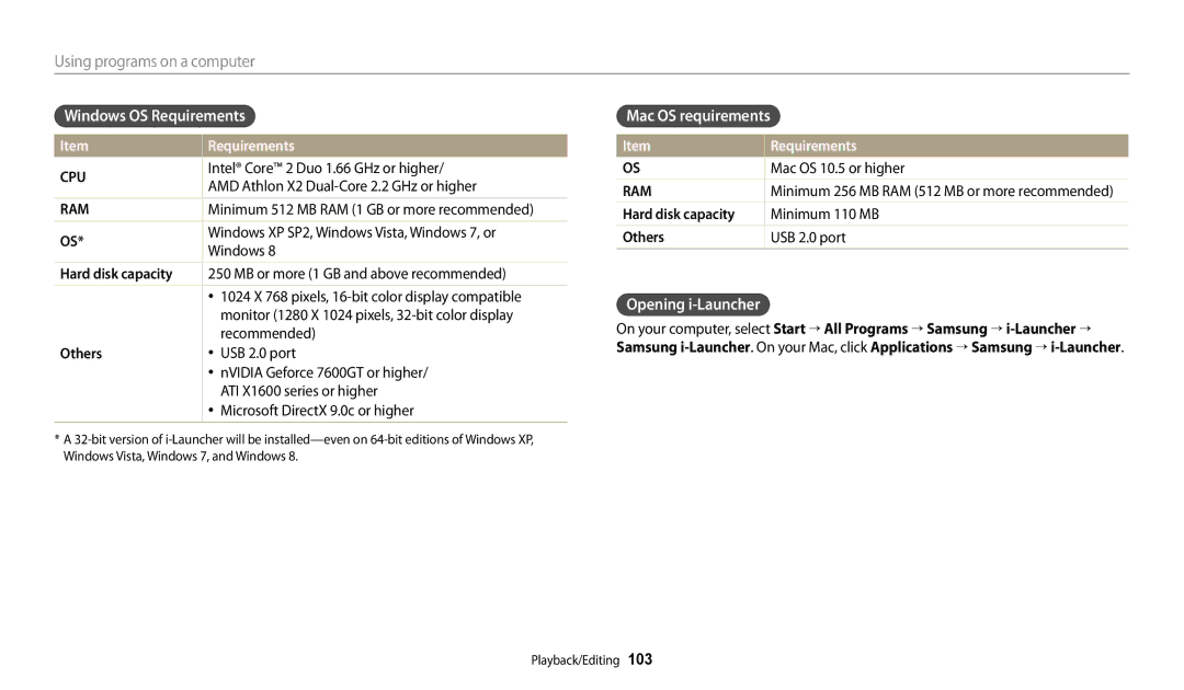 Samsung PRO4873, PRO4866, PRO4859, ECDV150FBPBUS, DV150FBK Windows OS Requirements, Mac OS requirements, Opening i-Launcher 