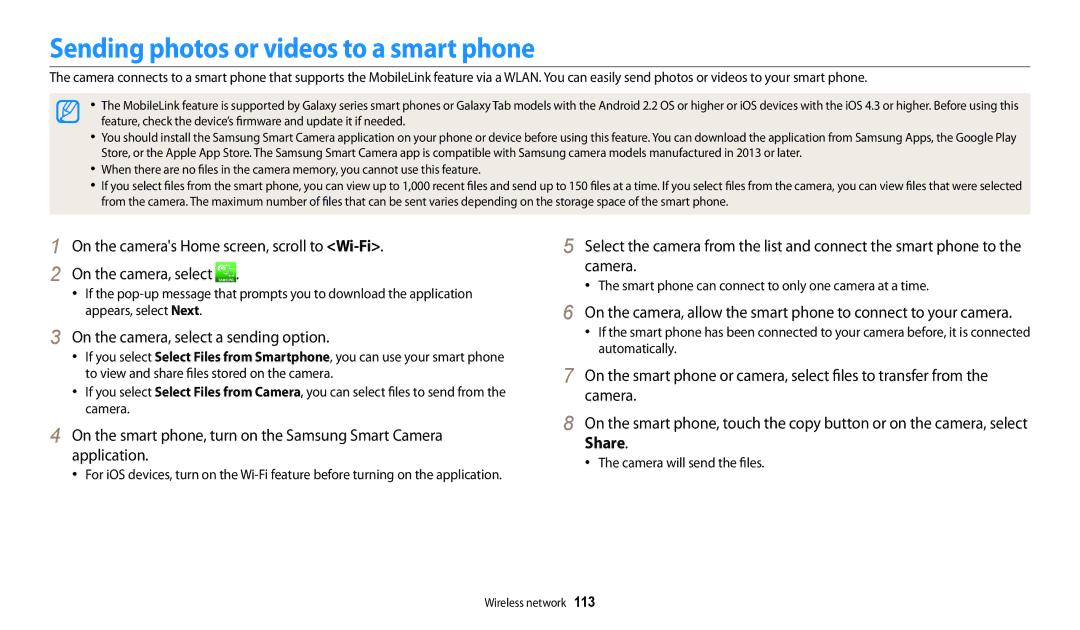 Samsung PRO4866, PRO4859, PRO4873 Sending photos or videos to a smart phone, On the camera, select a sending option 