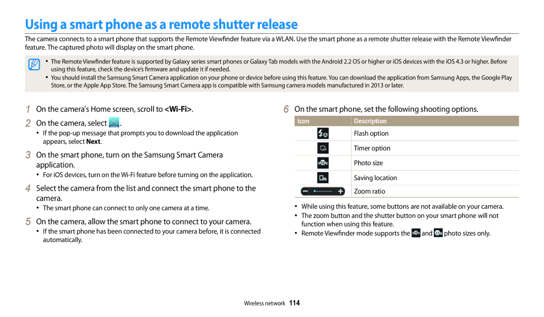 Samsung PRO4859 Using a smart phone as a remote shutter release, On the smart phone, set the following shooting options 