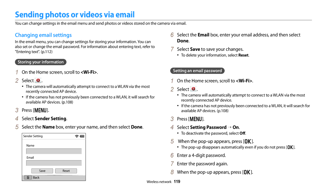 Samsung PRO4866, PRO4859, PRO4873 Sending photos or videos via email, Changing email settings, Select Sender Setting 