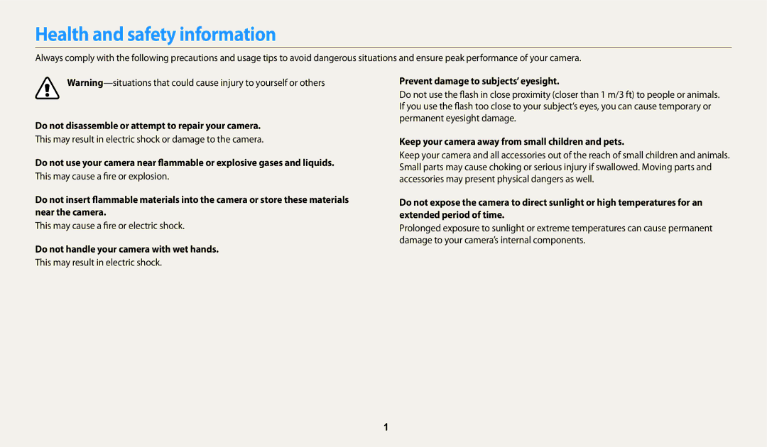 Samsung PRO4873, PRO4866, PRO4859 Health and safety information, Do not disassemble or attempt to repair your camera 