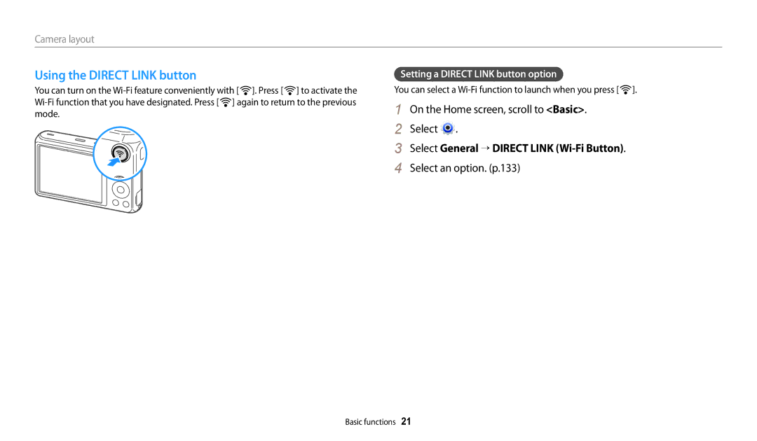 Samsung DV150FBK Using the Direct Link button, On the Home screen, scroll to Basic Select, Select an option. p.133 