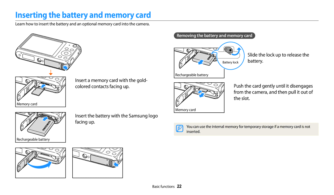 Samsung EC-DV150FBPLUS, PRO4866, PRO4859 Inserting the battery and memory card, Slide the lock up to release the battery 