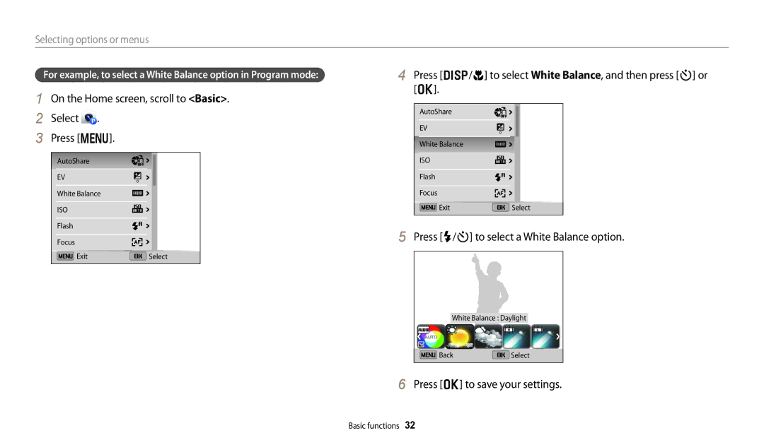 Samsung ECDV150FBPBUS On the Home screen, scroll to Basic Select Press m, Press F/t to select a White Balance option 