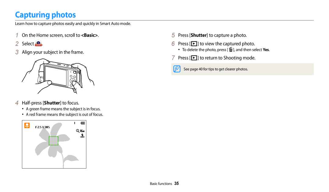 Samsung PRO4866 Capturing photos, Press P to return to Shooting mode, To delete the photo, press f, and then select Yes 