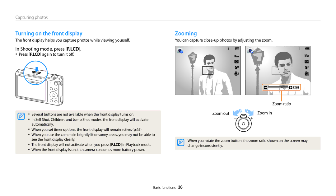 Samsung PRO4859, PRO4866, PRO4873 Turning on the front display, Zooming, Shooting mode, press F.LCD, Capturing photos 