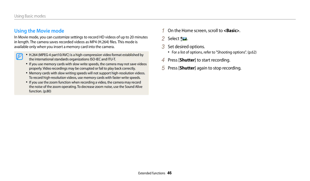 Samsung EC-DV150FBPLUS, PRO4866, PRO4859, PRO4873, ECDV150FBPBUS, DV150FBK user manual Using the Movie mode 