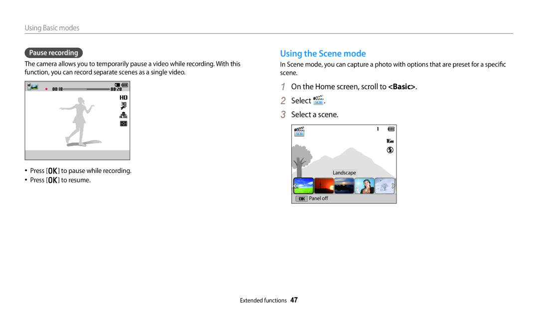 Samsung PRO4866, PRO4859 Using the Scene mode, On the Home screen, scroll to Basic Select Select a scene, Pause recording 