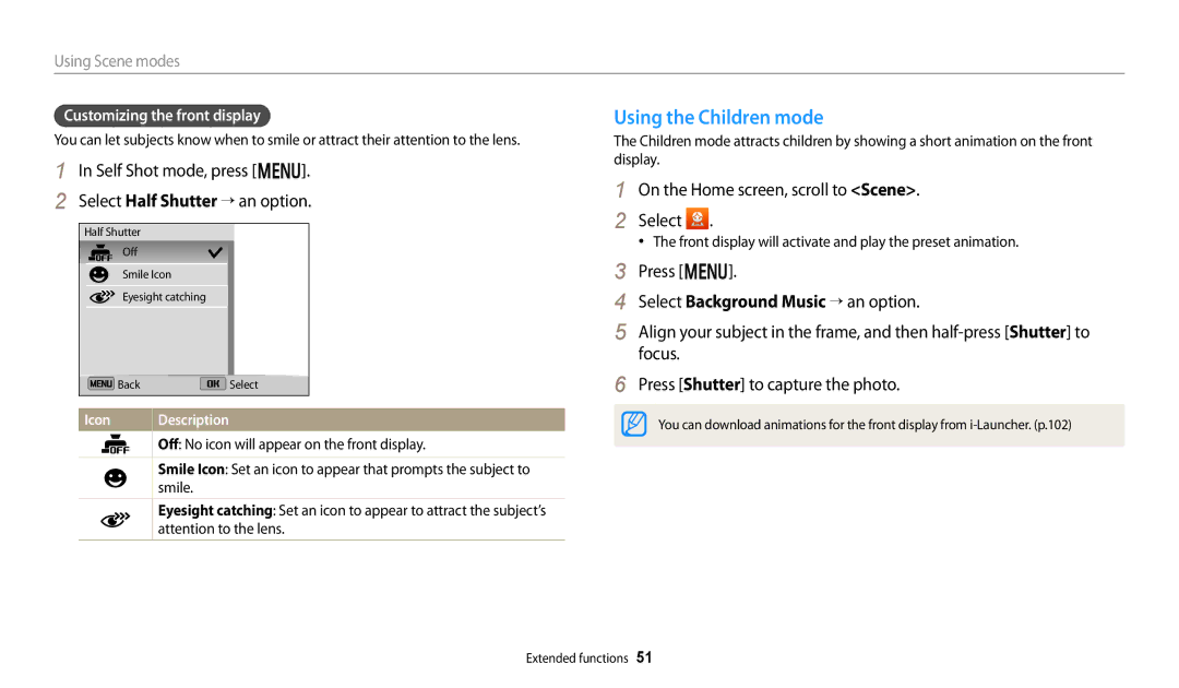 Samsung DV150FBK Using the Children mode, Self Shot mode, press m Select Half Shutter “ an option, Using Scene modes 