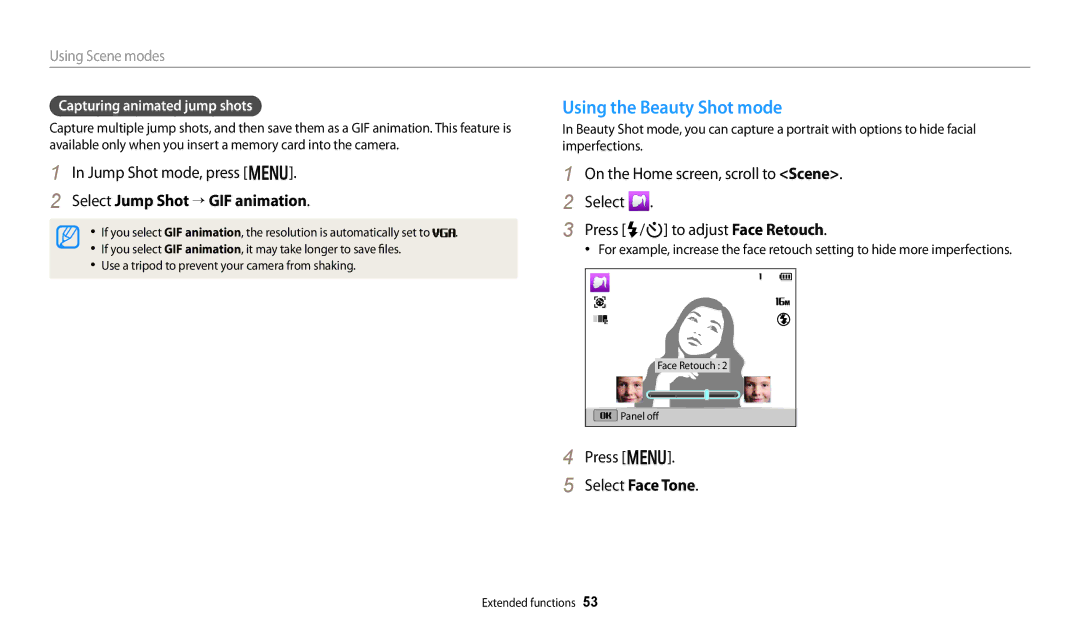 Samsung PRO4866 Using the Beauty Shot mode, Jump Shot mode, press m, Select Jump Shot “ GIF animation, Select Face Tone 