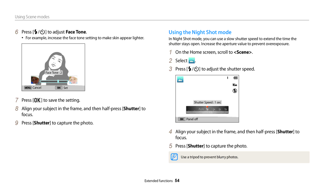 Samsung PRO4859, PRO4866, PRO4873, ECDV150FBPBUS, DV150FBK user manual Using the Night Shot mode, Press F/t to adjust Face Tone 