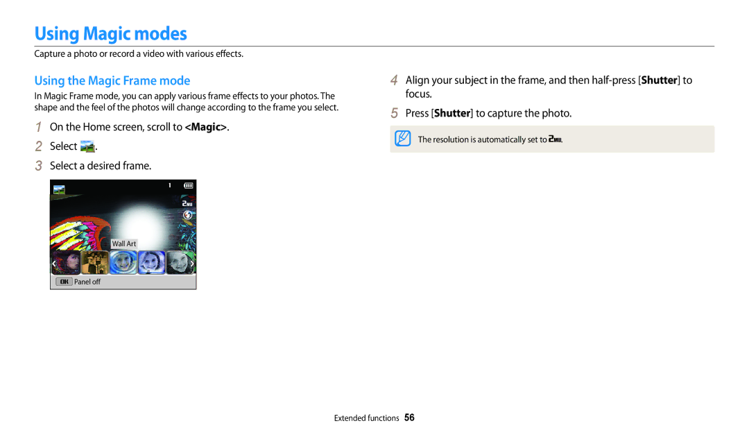 Samsung ECDV150FBPBUS, PRO4866, PRO4859, PRO4873, DV150FBK, EC-DV150FBPLUS Using Magic modes, Using the Magic Frame mode 