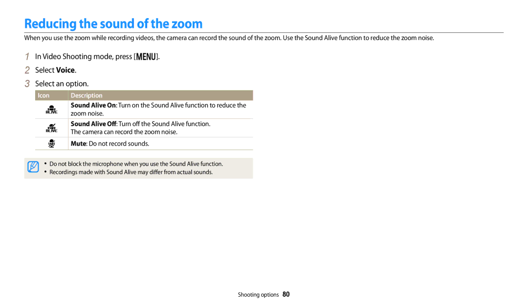 Samsung ECDV150FBPBUS, PRO4866 Reducing the sound of the zoom, Video Shooting mode, press m Select Voice Select an option 