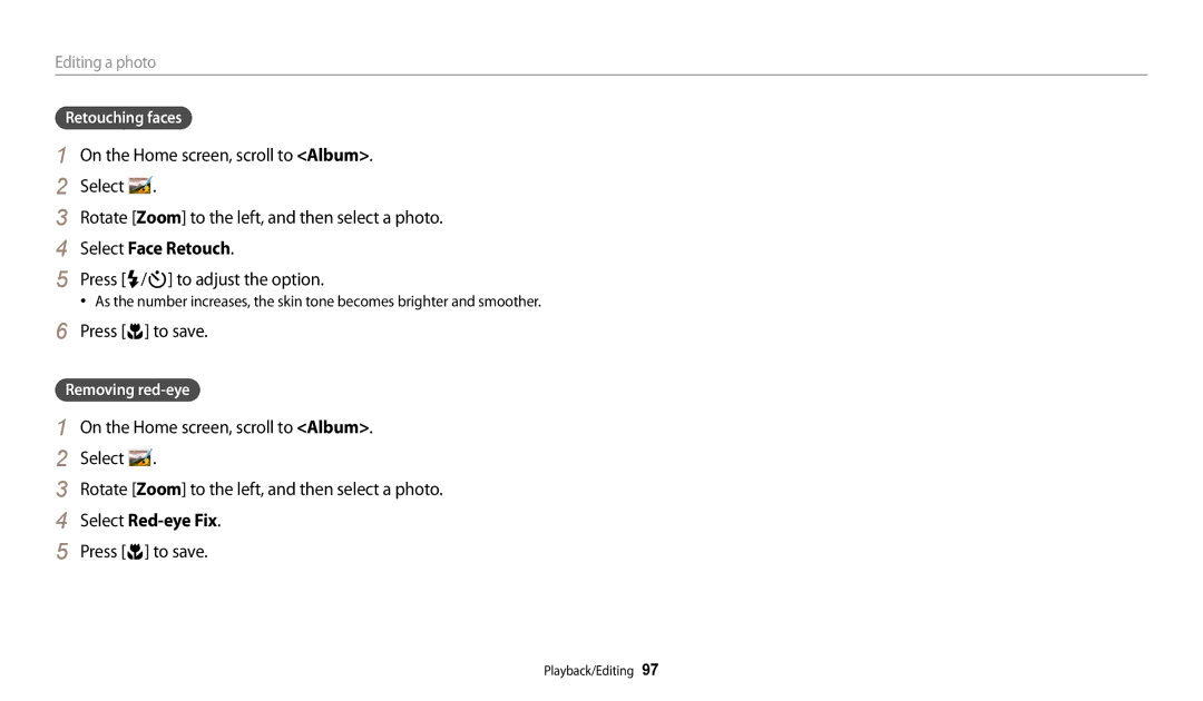 Samsung PRO4873, PRO4866, PRO4859, ECDV150FBPBUS, DV150FBK, EC-DV150FBPLUS user manual Retouching faces, Removing red-eye 