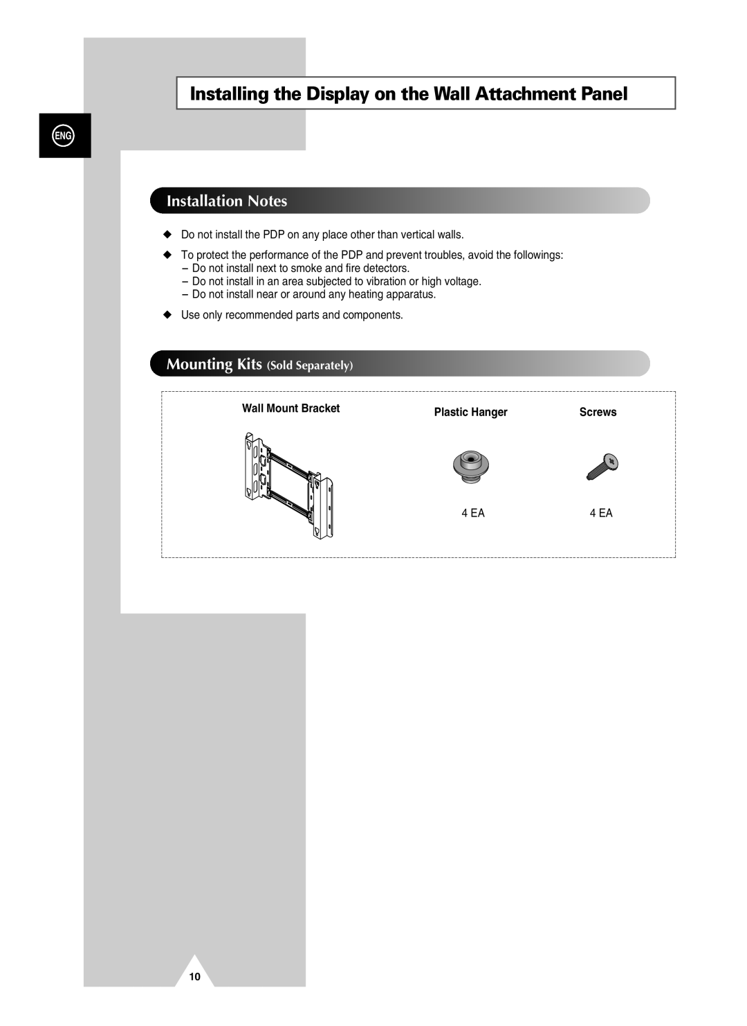 Samsung PS-37S4A manual Installing the Display on the Wall Attachment Panel, Wall Mount Bracket Plastic Hanger 