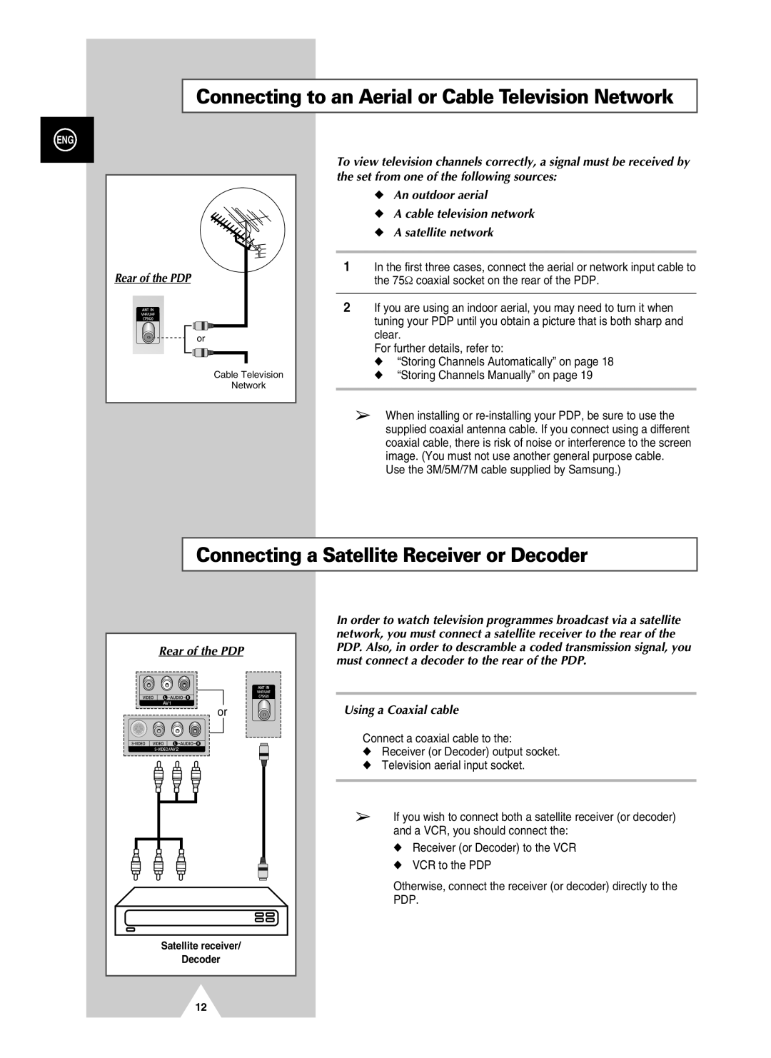 Samsung PS-37S4A manual Connecting to an Aerial or Cable Television Network, Connecting a Satellite Receiver or Decoder 