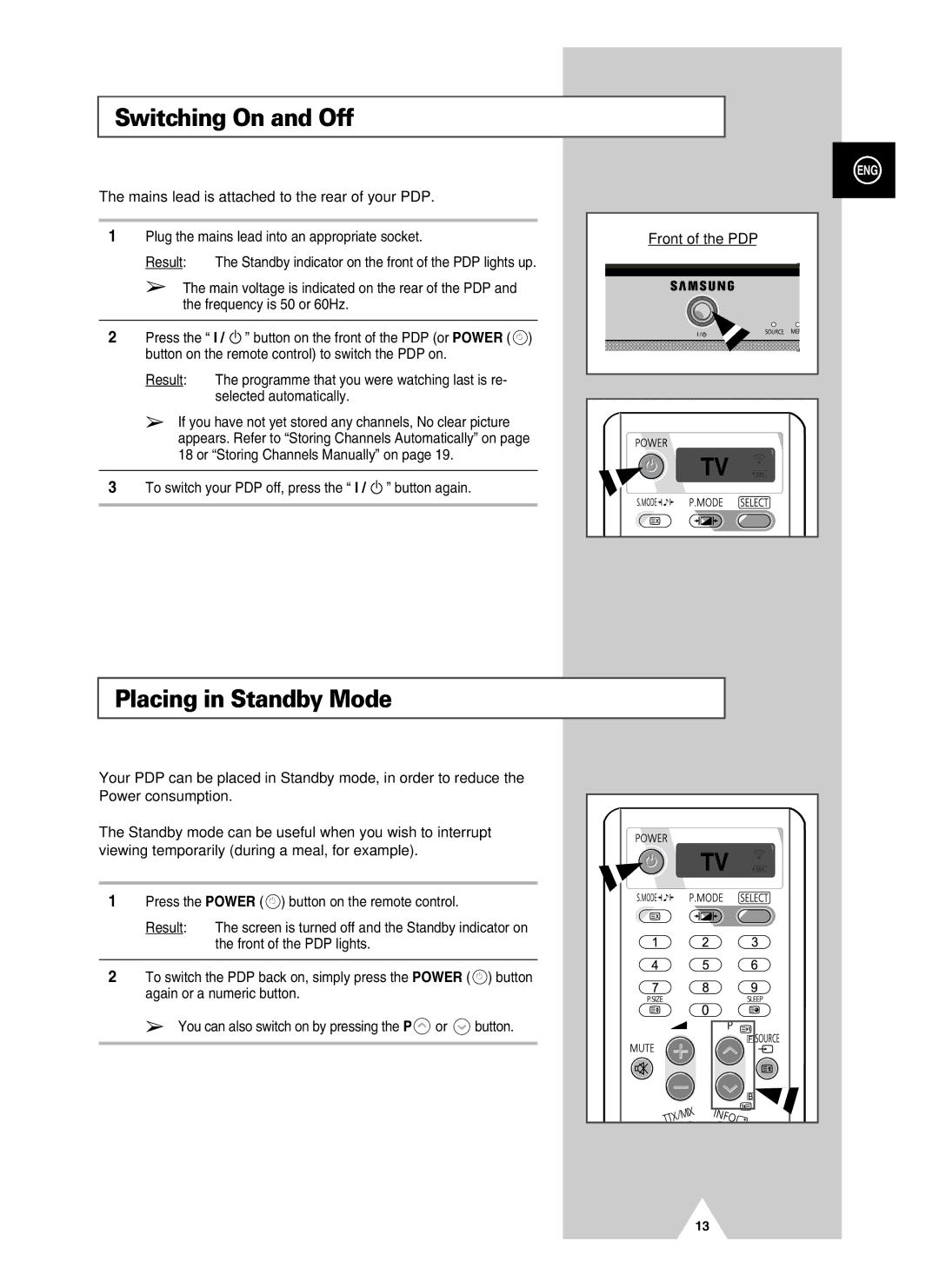 Samsung PS-37S4A manual Switching On and Off, Placing in Standby Mode, Mains lead is attached to the rear of your PDP 