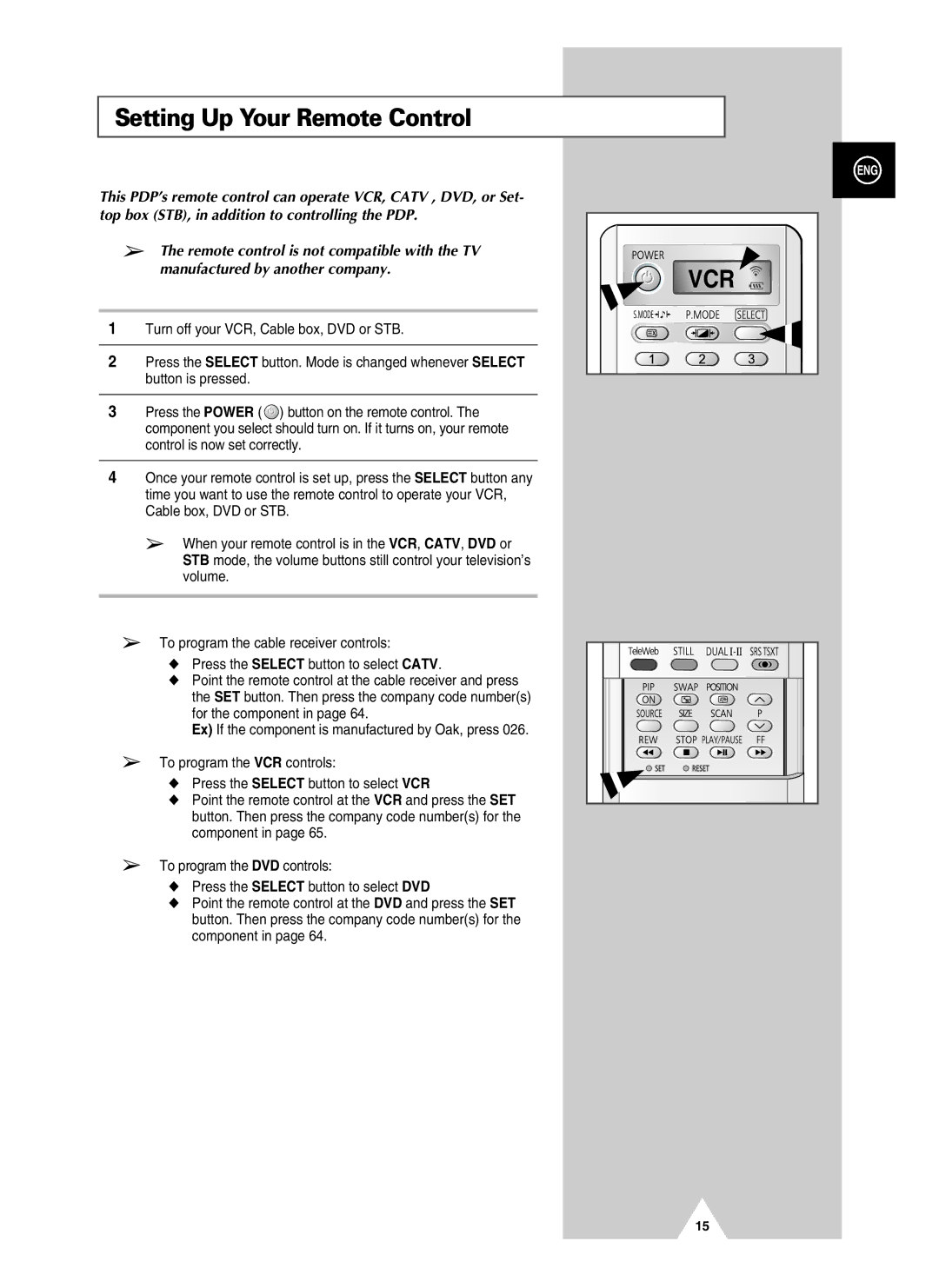 Samsung PS-37S4A manual Setting Up Your Remote Control 