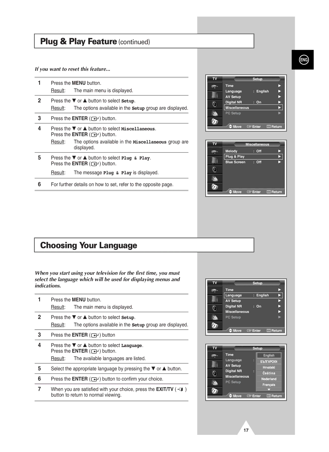 Samsung PS-37S4A manual Choosing Your Language, If you want to reset this feature 