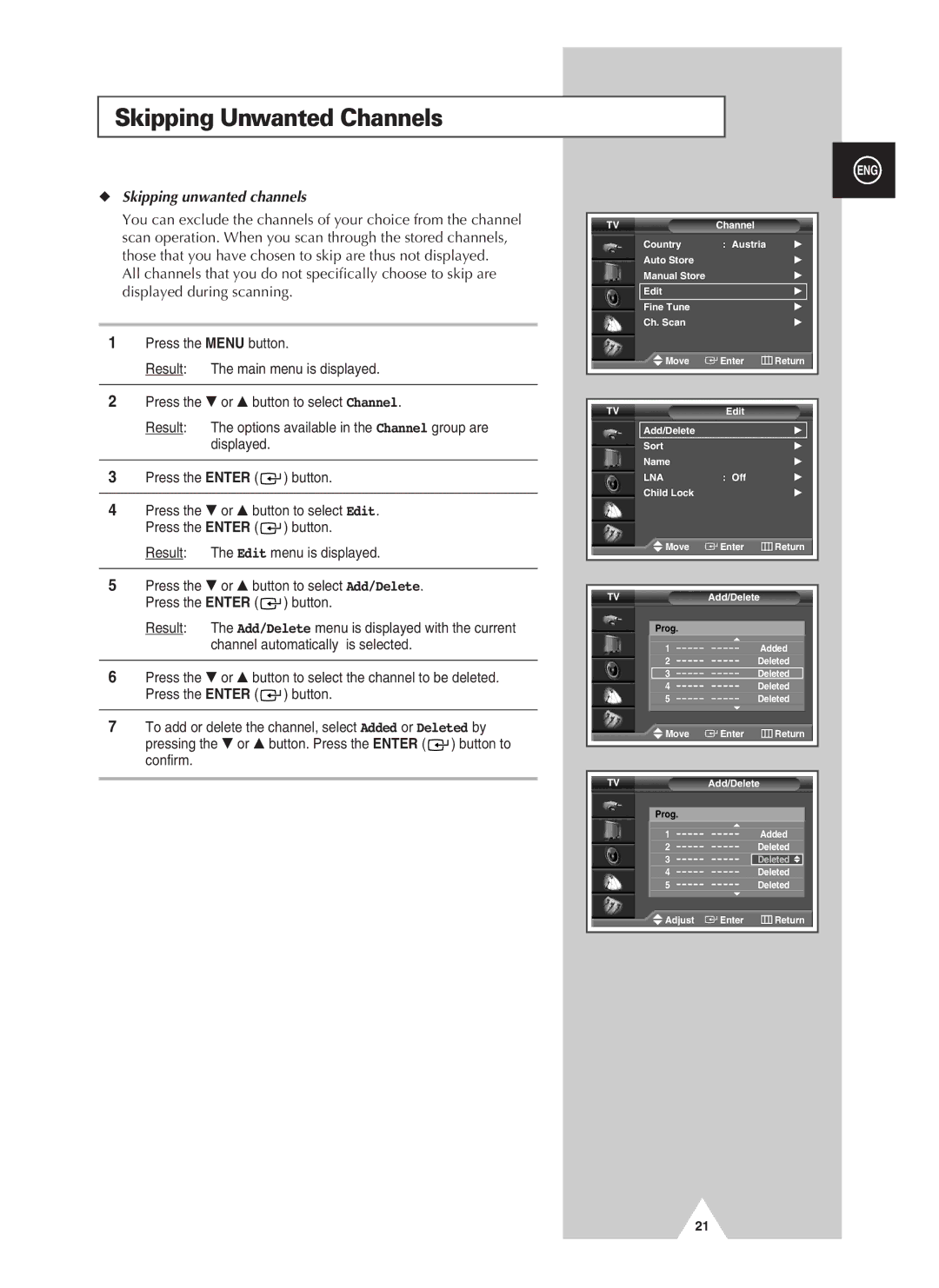 Samsung PS-37S4A manual Skipping Unwanted Channels, Skipping unwanted channels, Result The Edit menu is displayed 