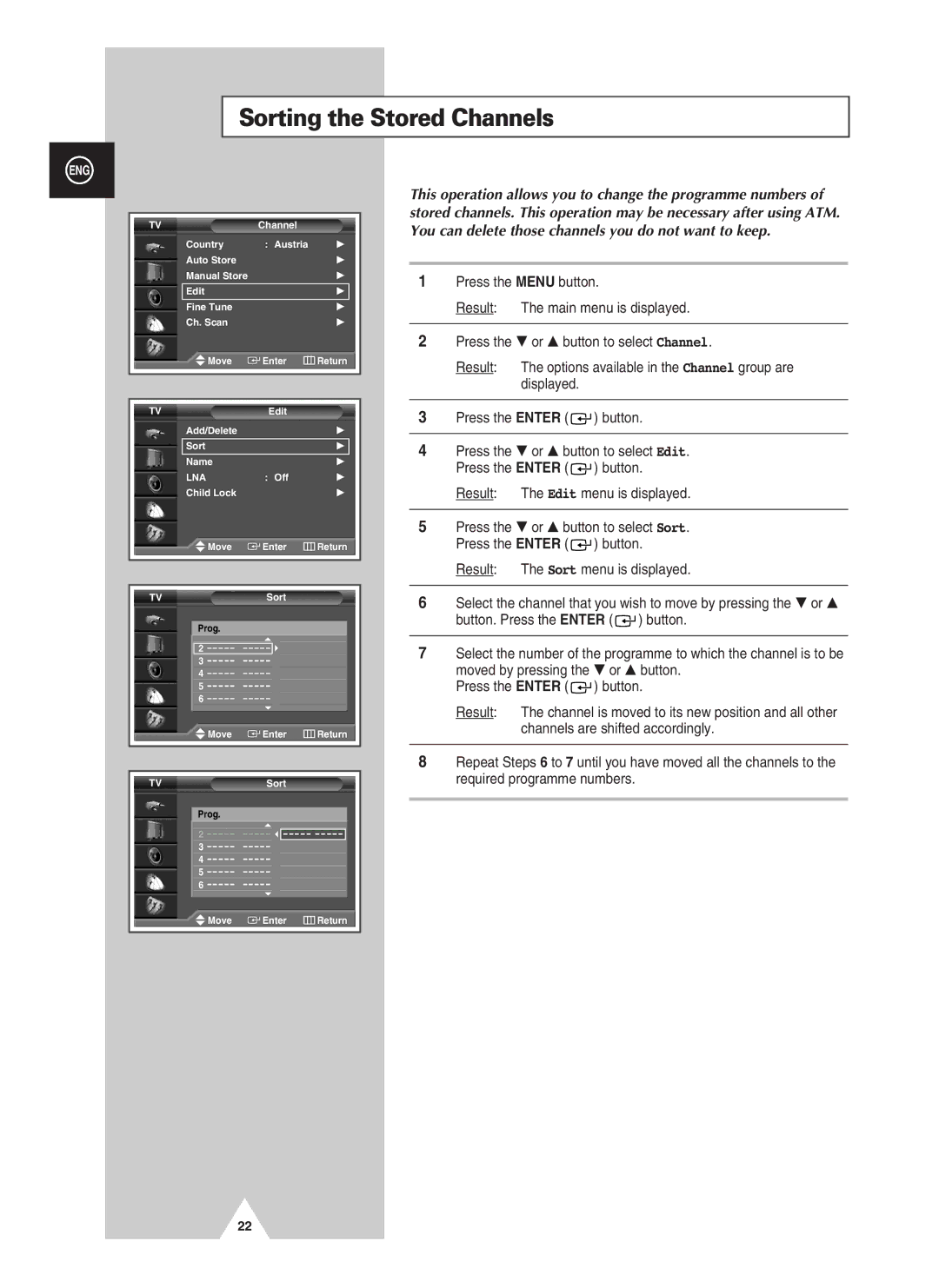 Samsung PS-37S4A manual Sorting the Stored Channels 