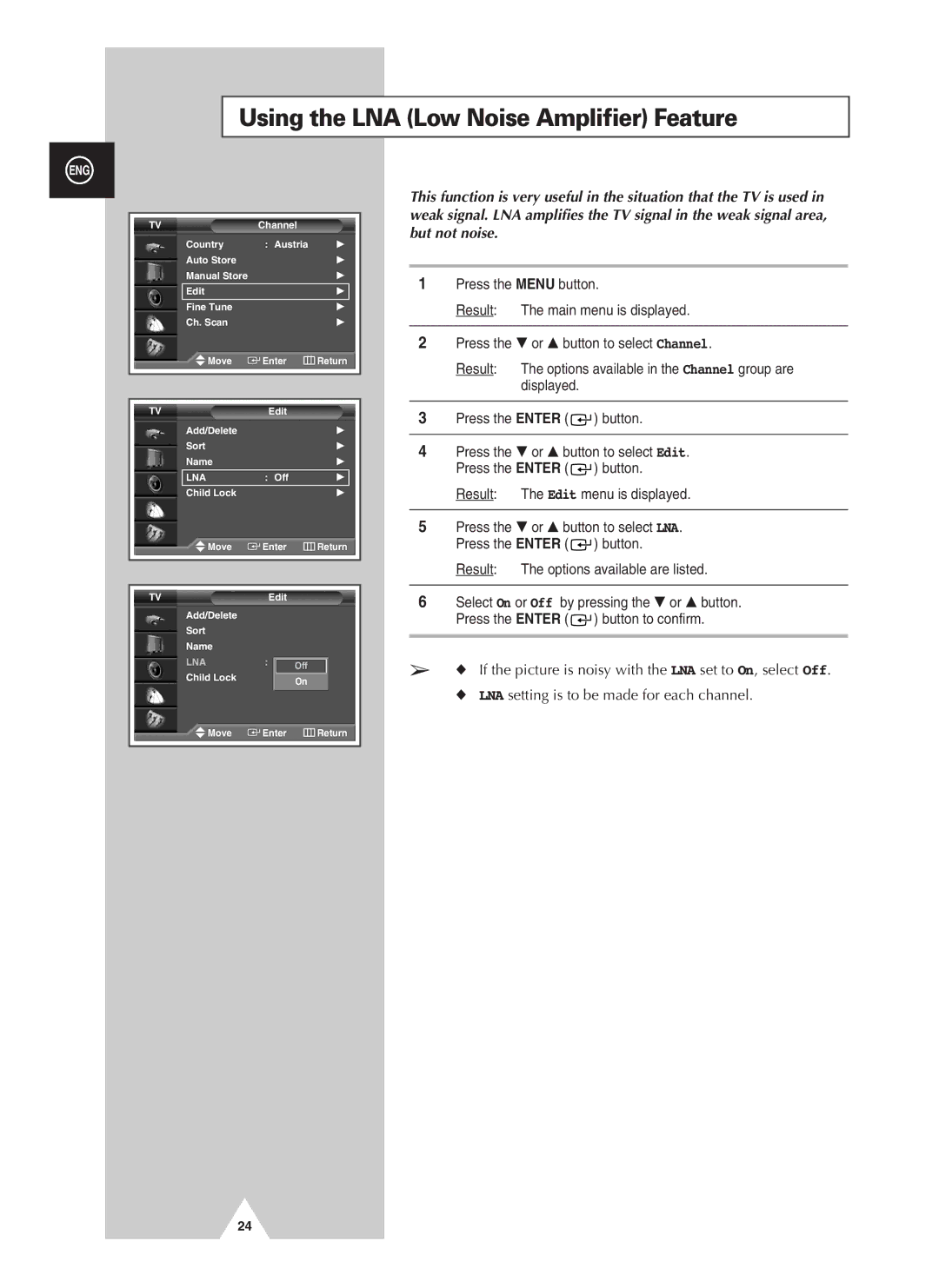 Samsung PS-37S4A manual Using the LNA Low Noise Amplifier Feature, Result The options available are listed 