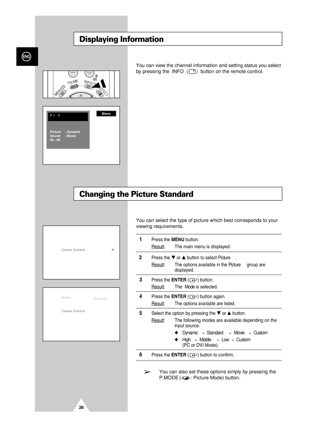 Samsung PS-37S4A manual Displaying Information, Changing the Picture Standard 