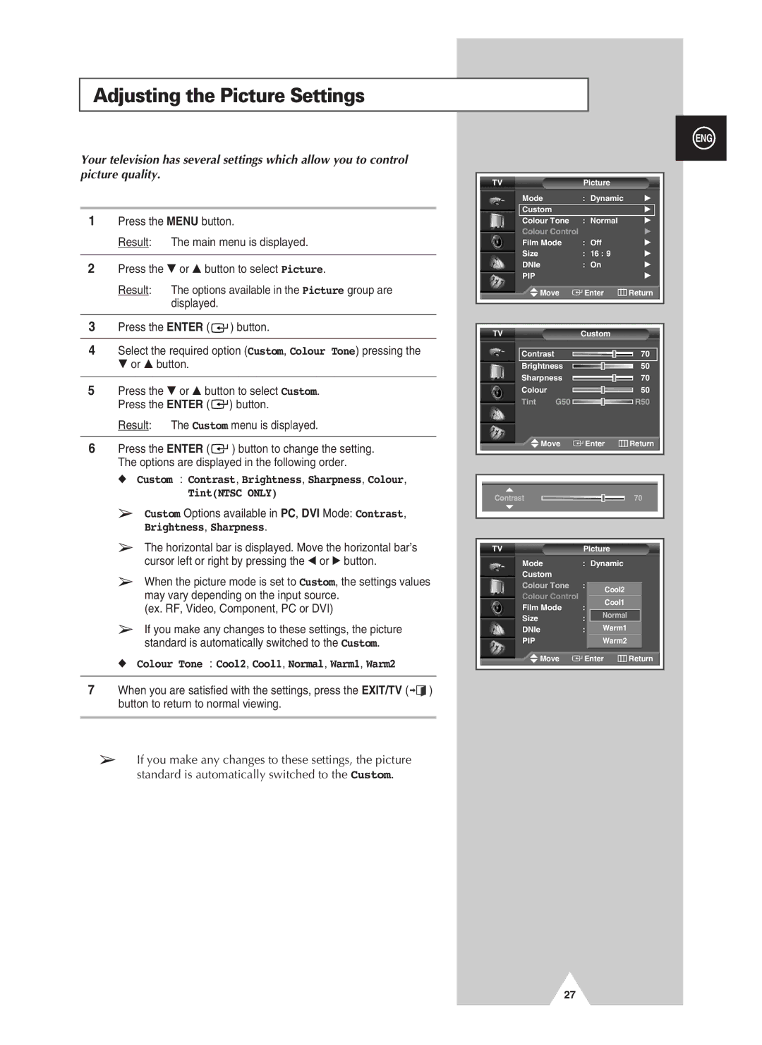 Samsung PS-37S4A Adjusting the Picture Settings, Brightness, Sharpness, Colour Tone Cool2, Cool1, Normal, Warm1, Warm2 