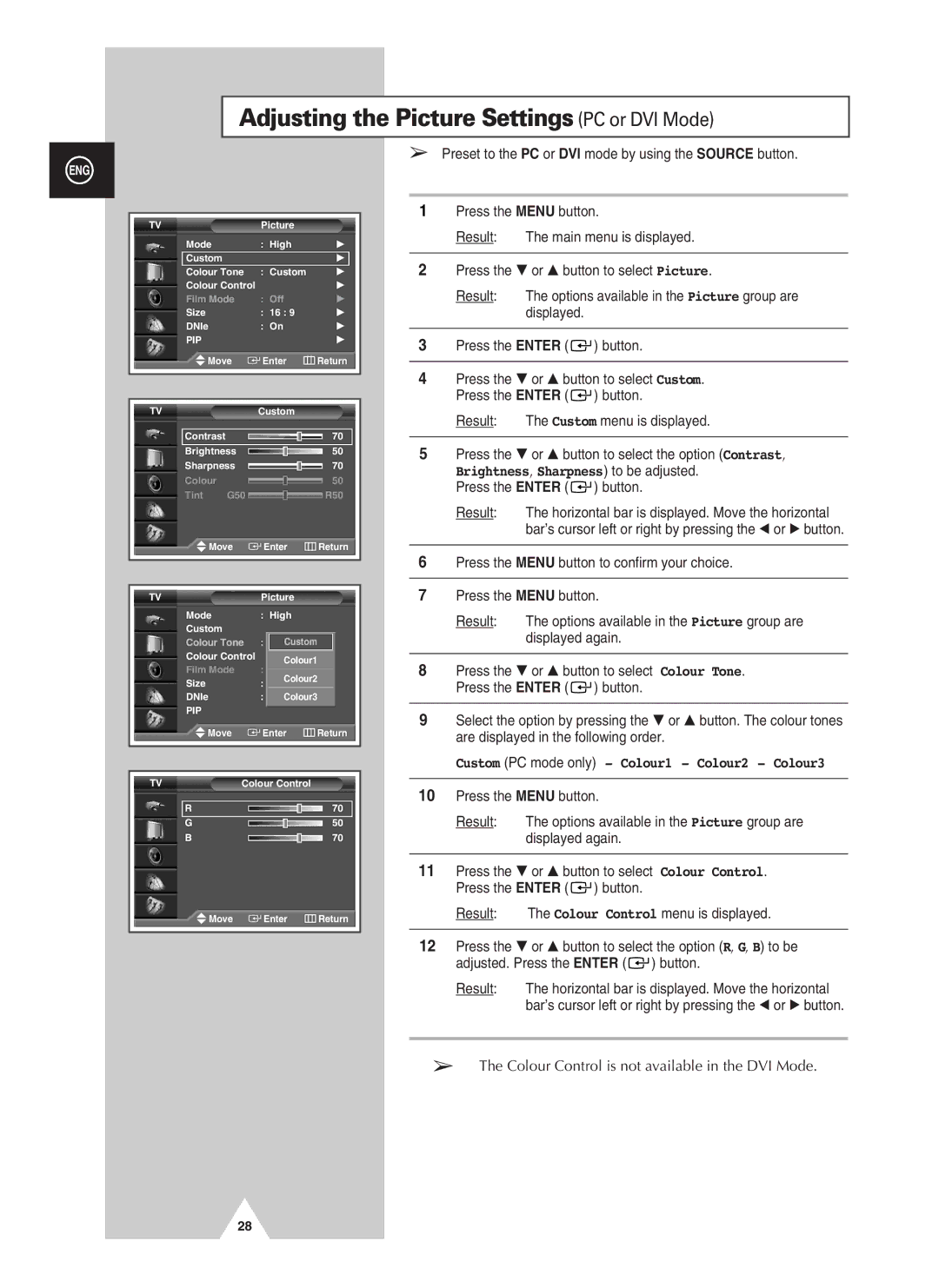 Samsung PS-37S4A manual Adjusting the Picture Settings PC or DVI Mode, Custom PC mode only Colour1 Colour2 Colour3 