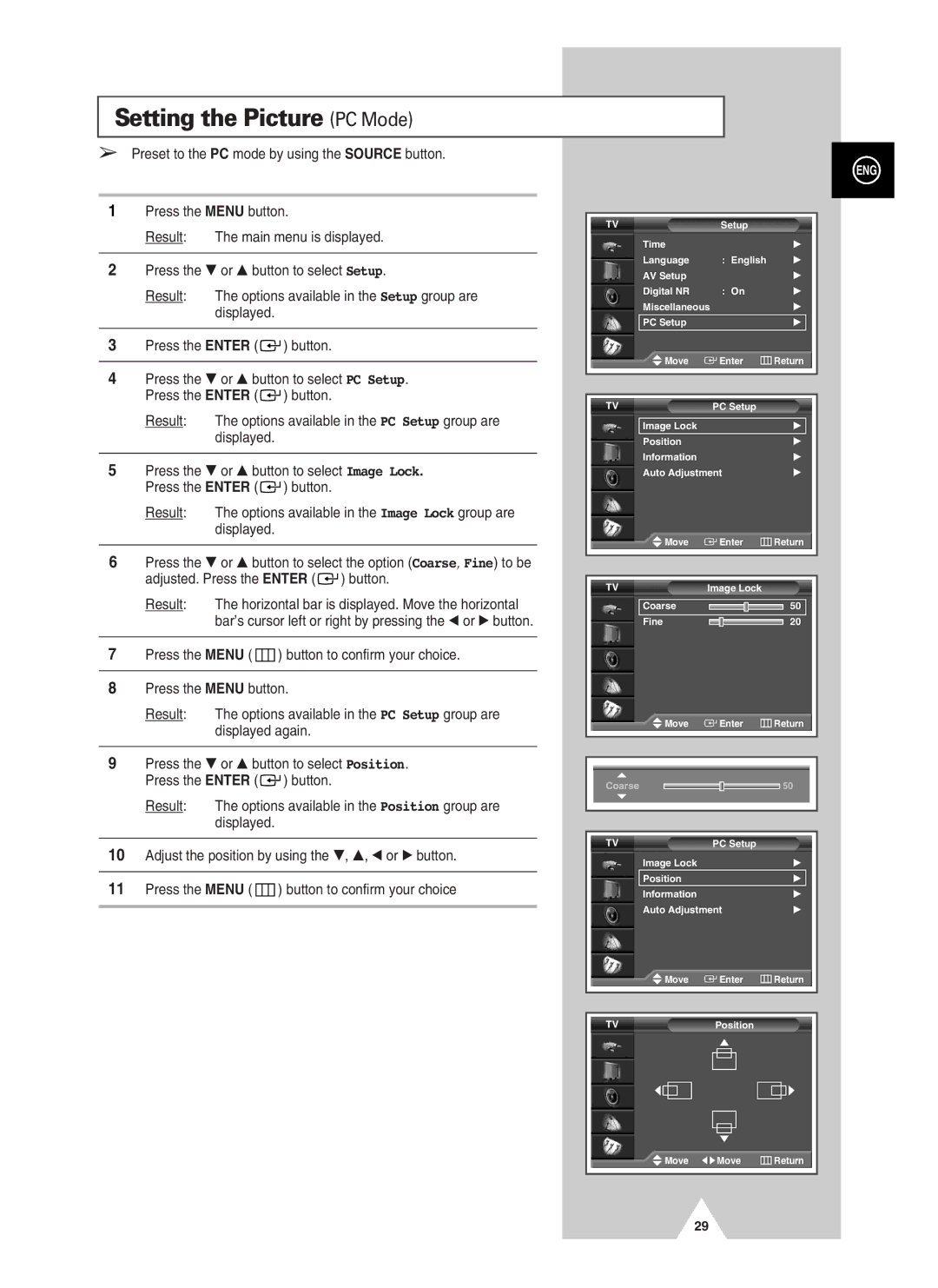 Samsung PS-37S4A manual Setting the Picture PC Mode, Preset to the PC mode by using the Source button 