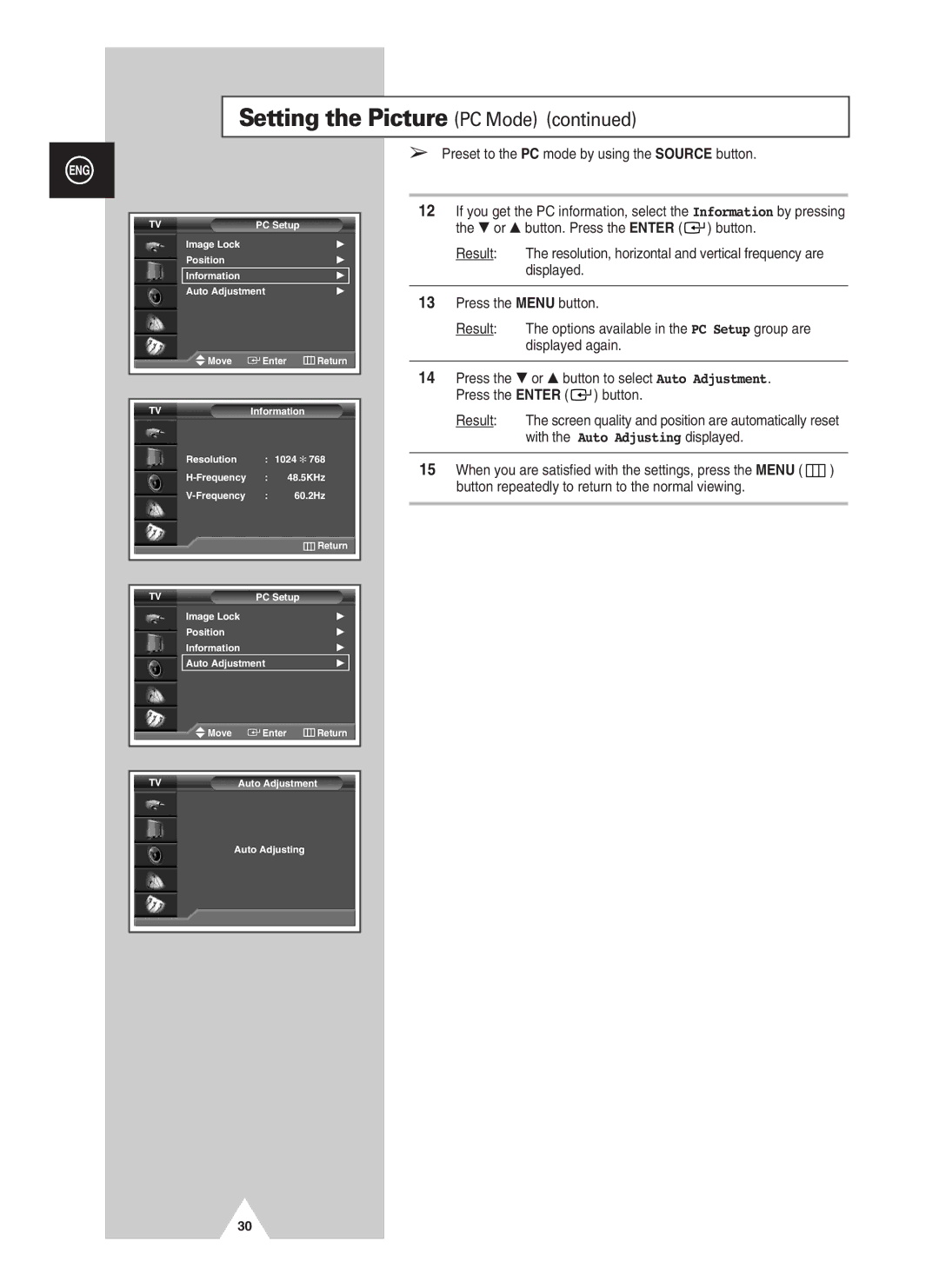 Samsung PS-37S4A manual Setting the Picture PC Mode 