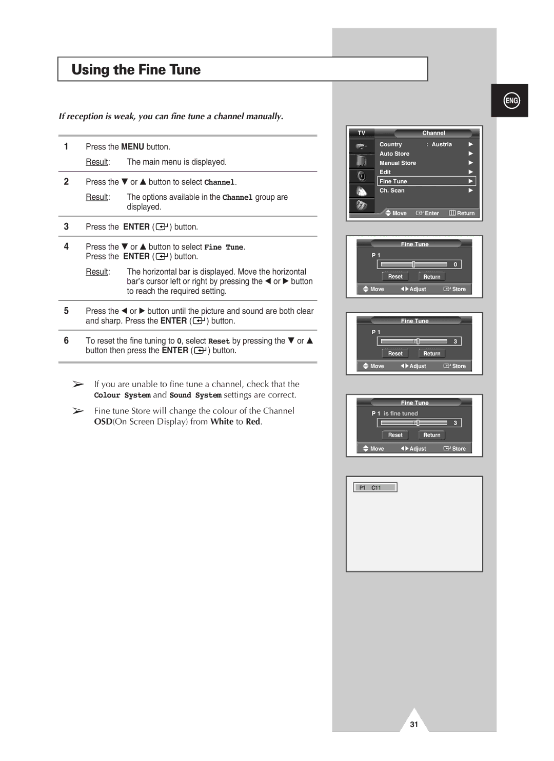 Samsung PS-37S4A Using the Fine Tune, If reception is weak, you can fine tune a channel manually 