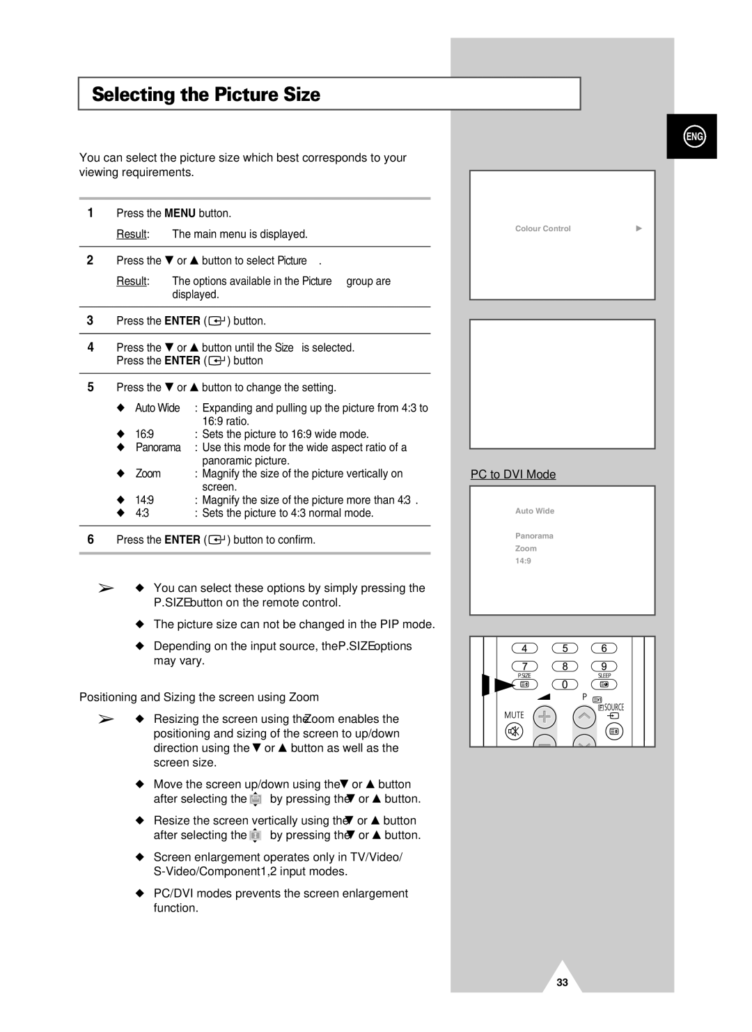 Samsung PS-37S4A manual Selecting the Picture Size, Positioning and Sizing the screen using Zoom, PC to DVI Mode 