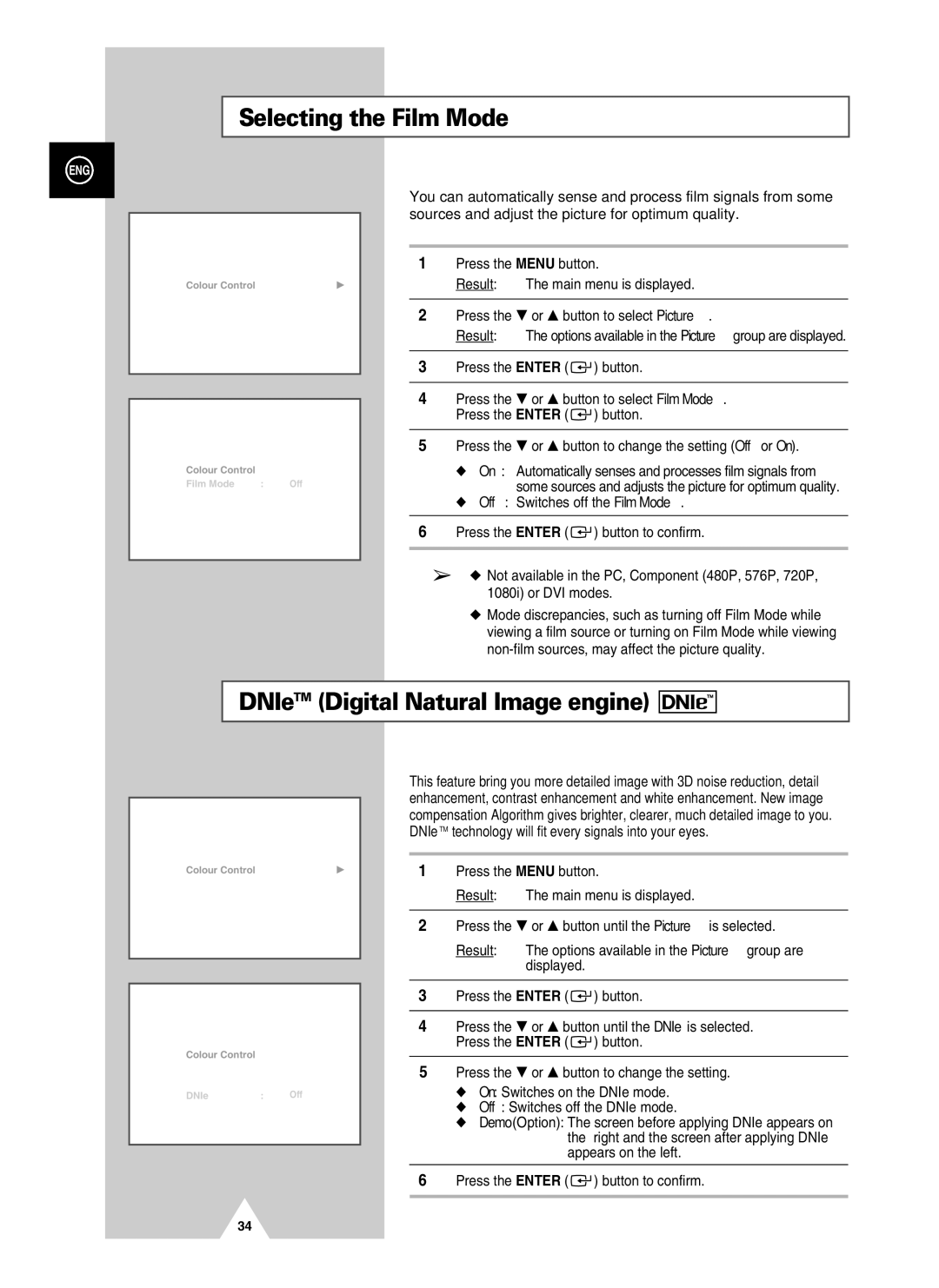 Samsung PS-37S4A manual Selecting the Film Mode, DNIeTM Digital Natural Image engine 